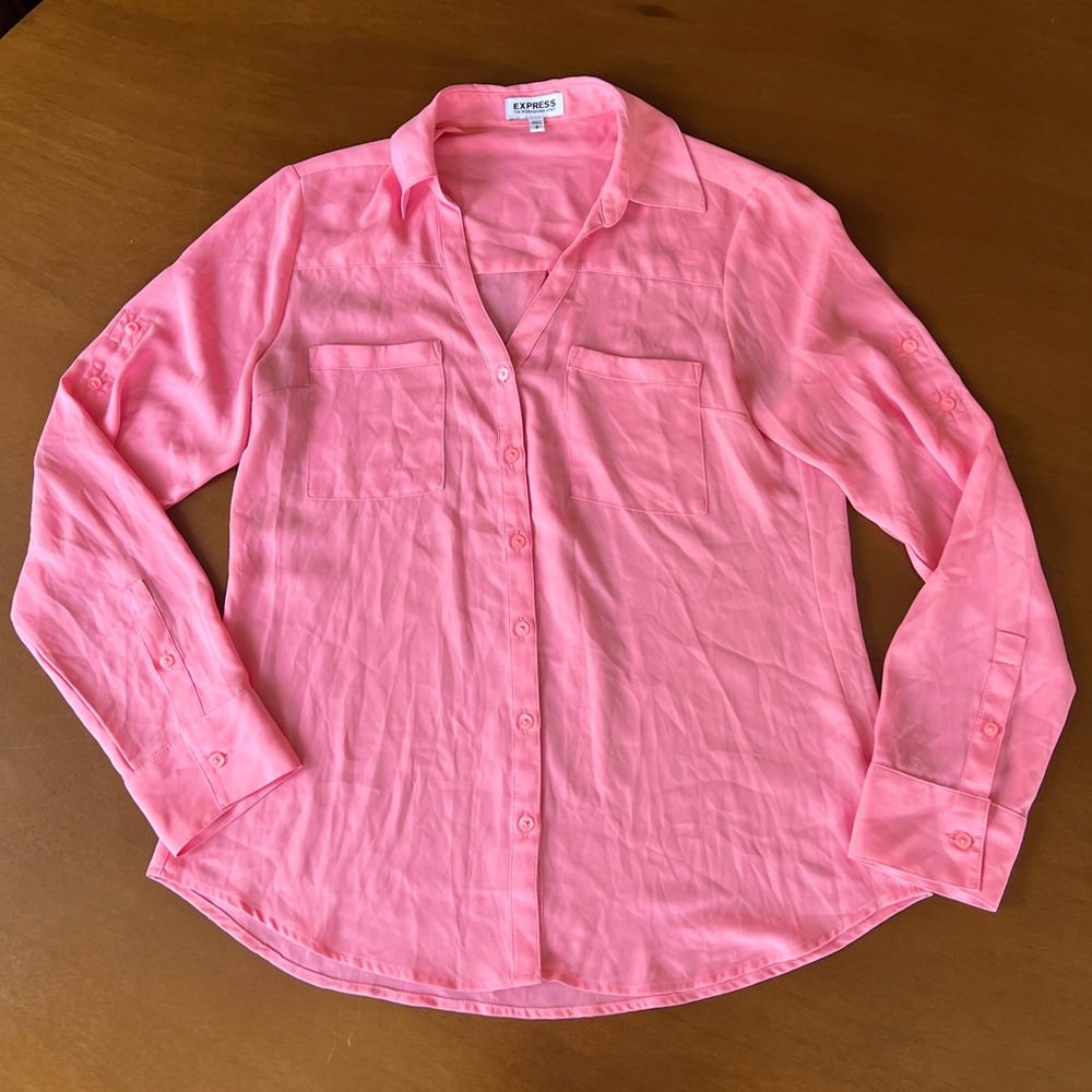 📦 Express Portofino Shirt Barbie Bubblegum Pink Button Blouse adjustable sleeve